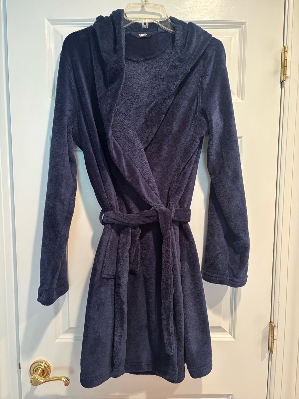 Lands' End Plush Hooded Wrap Robe in Navy Blue